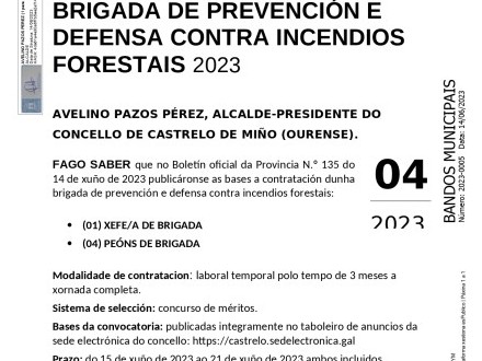 Contrataci�n de (05) traballadores para a Brigada de prevenci�n e defensa contra incendios forestais. 2023