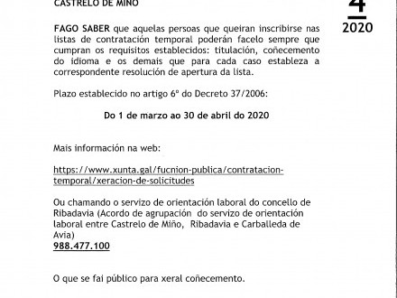BANDO 4/2020: CONTRATACI�N TEMPORAL XUNTA DE GALICIA