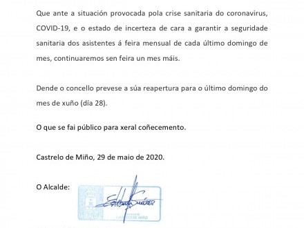 NOTA INFORMATIVA: Suspensi�n de la feria del mes de mayo de 2020