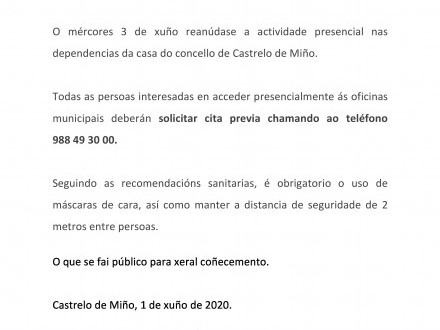 NOTA INFORMATIVA: Reanudaci�n de la actividad presencial en el Ayuntamiento de Castrelo de Mi�o