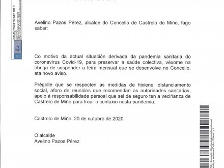 SUSPENSI�N DA FEIRA MENSUAL EN CASTRELO DE MI�O