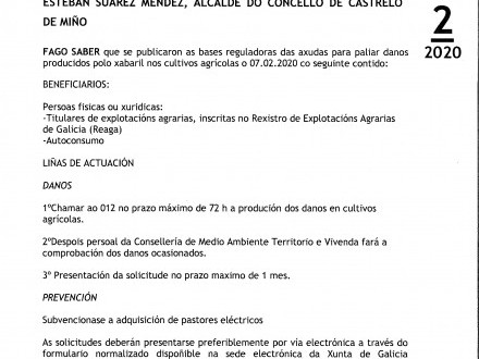 Bando 2/2020: INFORMACI�N SOBRE AXUDAS PARA PALIAR DANOS PRODUCIDOS POLO XABARIL